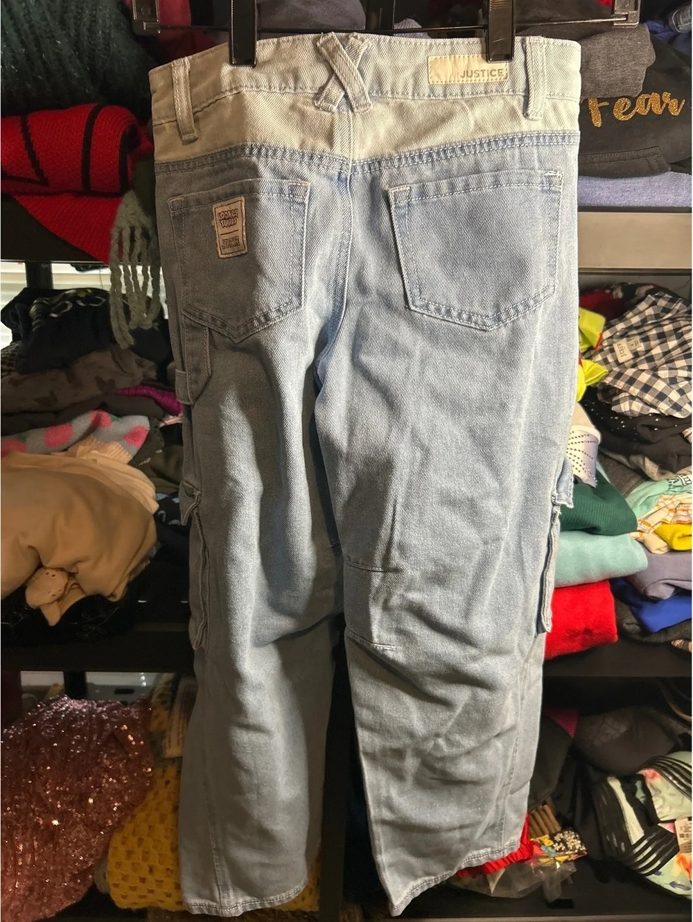 Justice Light Wash Denim Cargo Pants with Cartoon Prints